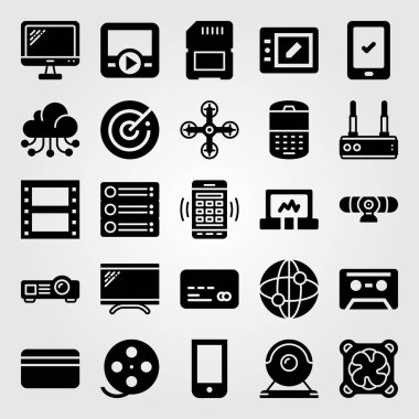 Teknoloji vektör Icon set. kredi kartı, tablet, projektör ve monitör