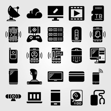 Teknoloji vektör Icon set. SD kart, film oynatıcı, webcam ve pc