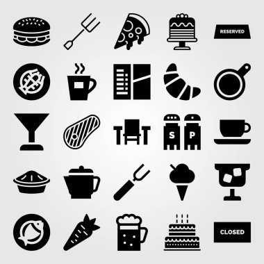 Restoran vektör Icon set. ayrılmış, doğum günü pastası, ıstakoz ve kokteyl