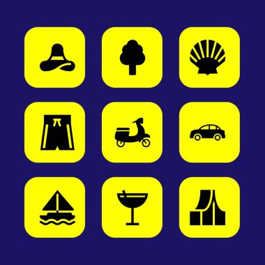 Yaz aylarında vektör Icon set. kokteyl, Mayo, motosiklet ve kabuk
