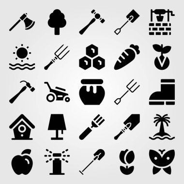 Bahçe vektör Icon set. elma, çizme, Lale ve kürek