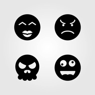 Duygular Icon set vektör. Gülümse, öp, çılgın ve kızgın