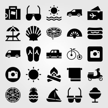 Yaz aylarında vektör Icon set. Bisiklet, dondurma, fotoğraf kamera ve uçak bileti