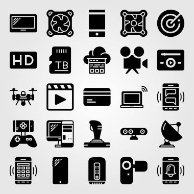 Teknoloji vektör Icon set. Web kamerası, müzik çalar, oyun kumandası ve oyun çubuğu