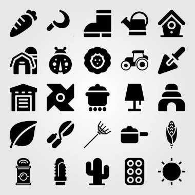 Bahçe vektör Icon set. Arı kovanı, kuş evi, pot ve traktör