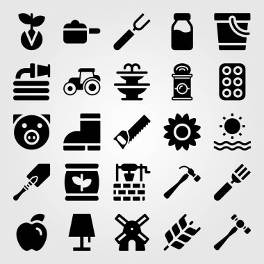 Bahçe vektör Icon set. Çatal, buğday, yel değirmeni ve gübre