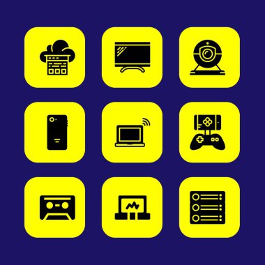 Teknoloji vektör Icon set. monitör, oyun denetleyicisi, bulut bilgi işlem ve kaset