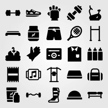 Fitness vektör Icon set. Ayakkabı, havlu, Mustafa ve eldiven