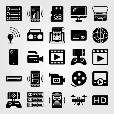 Teknoloji simge vektör ayarlayın. sunucu, kredi kartı, sd kart ve boombox