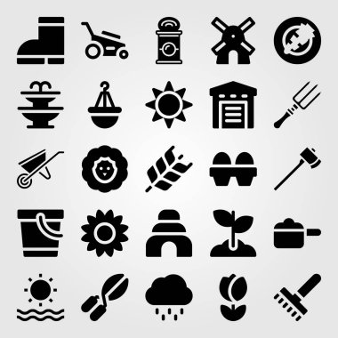 Bahçe vektör Icon set. Balta, kova, Rüzgar Türbini ve güneş