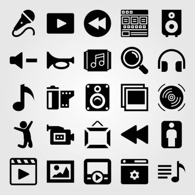 Multimedya vektör Icon set. kulaklık, mikrofon, film rulo ve hoparlör