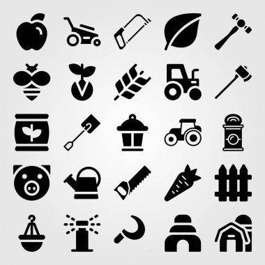 Bahçe simge vektör ayarlayın. traktör, can, çekiç ve havuç