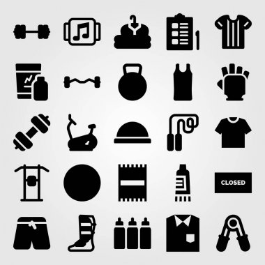 Fitness vektör Icon set. spor gömlek, eldiven, eldiven spor salonu ve kapalı