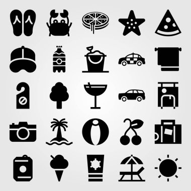 Yaz aylarında vektör Icon set. Güneş, güneş kremi, havlu ve yengeç