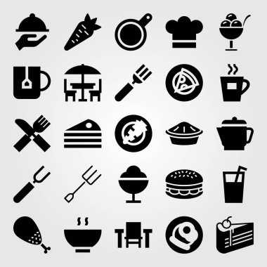 Restoran vektör Icon set. çatal bıçak takımı, çay bardağı, pasta ve Teras