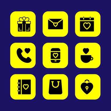 Sevgililer günü vektör Icon set. aşk, aşk asma kilit, aşk Kupası ve alışveriş çantası ara