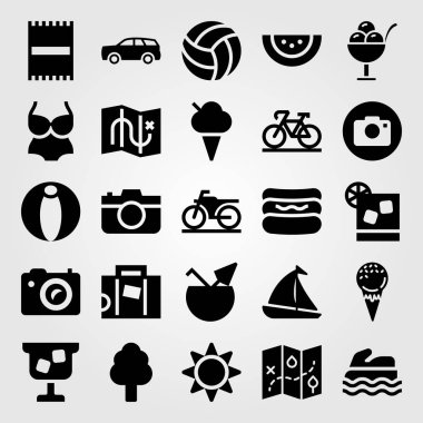 Yaz aylarında vektör Icon set. Mayo, voleybol, sosisli sandviç ve güneş