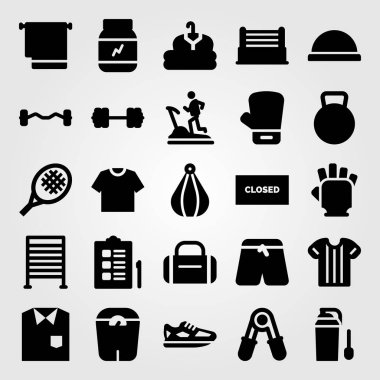 Fitness vektör Icon set. kıyafetler, koşu bandı, top ve bosu topu Delme
