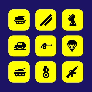 Askeri vektör Icon set. Tufek, tank, madalya ve paraşüt