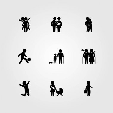 İnsanlar simge vektör ayarlayın. Çift, oynarken, adam ve yaşlı adam atlama iki oğul