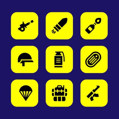 Silah vektör Icon set. Molotof kokteyli, paraşüt, kask ve el bombası