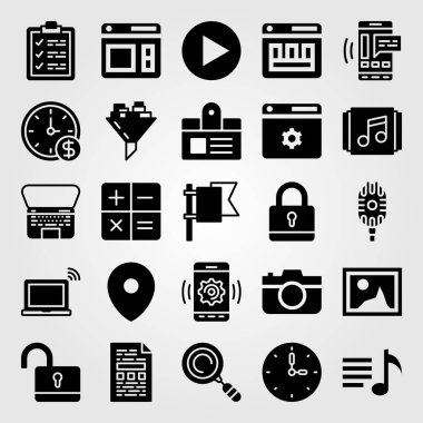 Temel vektör Icon set. duvar saati, kimlik kartı, fotoğraf makinesi ve Pano