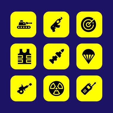 Silah vektör Icon set. paraşüt, roka, kurşun geçirmez yelek ve tüfek