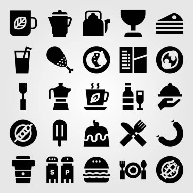 Restoran vektör Icon set. tepsi, tavuk budu, kahve fincanı ve mantar