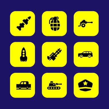 Askeri vektör Icon set. el bombası, tank, asker şapkası ve araba