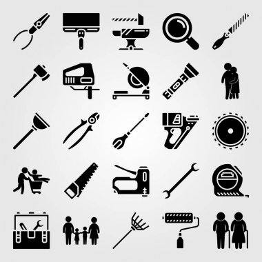 Araçlar simgesi vektör ayarlayın. Araç kutusu, çift, balta ve chop gördüm