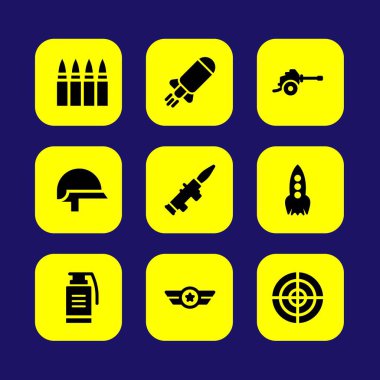 Askeri vektör Icon set. Madde işaretleri, el bombası, kask ve silah