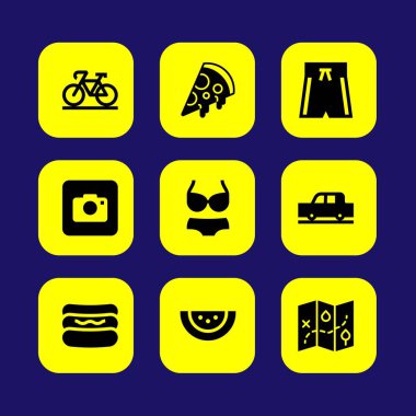 Yaz aylarında vektör Icon set. fotoğraf makinesi, Mayo, araba ve pizza