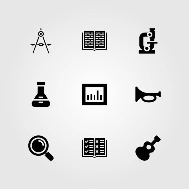 Eğitim vektör Icon set. flask, açık kitap, trompet ve gitar