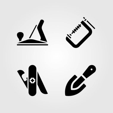 Araçlar Icons set. Vektör çizim ahşap uçak, kürek, kelepçe ve multitool