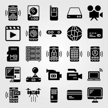 Teknoloji simge vektör ayarlayın. monitör, dizüstü bilgisayar, manevra kolu ve pc case