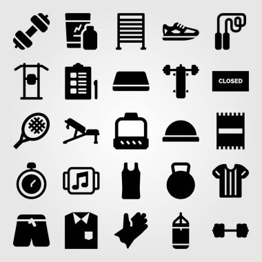 Fitness vektör Icon set. Mat, pantolon, spor bar ve topu