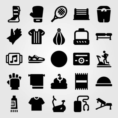 Fitness vektör Icon set. müzik çalar, kasnak, top ve bosu topu