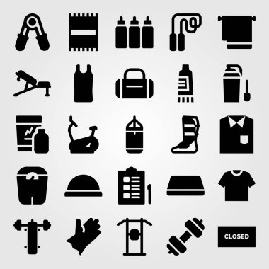 Fitness vektör Icon set. Mustafa, spor gömlek bar, Yüksel ve basın tezgah