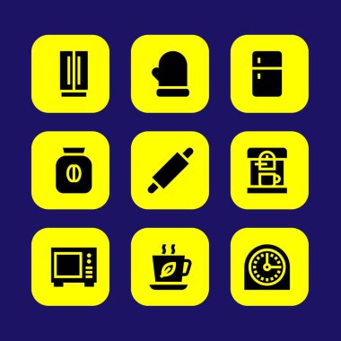 Mutfak vektör Icon set. PIN, buzdolabı, zamanlayıcı ve çay bardağı