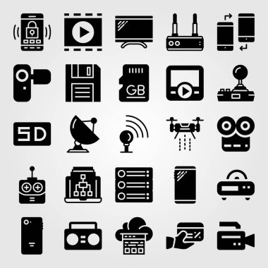 Teknoloji simge vektör ayarlayın. Başkanı, yönlendirici, uçak ve radar