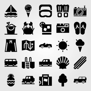 Yaz aylarında vektör Icon set. flip flop, ananas, kum kova ve araba