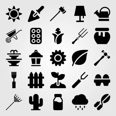 Bahçe vektör Icon set. kaktüs, yumurta, çekiç ve bal