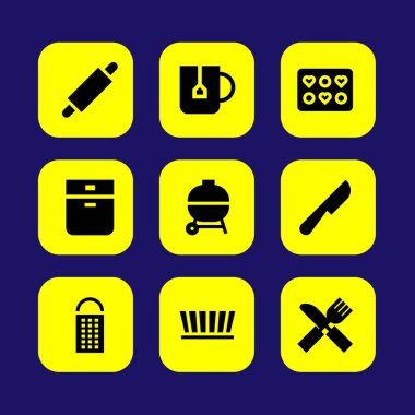 Mutfak vektör Icon set. bıçak, rende, kalıp ve çay bardağı