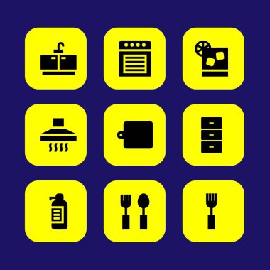 Mutfak vektör Icon set. mutfak kurulu, çıkarıcı başlık, çatal ve dokunun