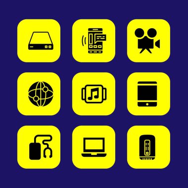Teknoloji vektör Icon set. dizüstü bilgisayar, video kamera, tablet ve internet