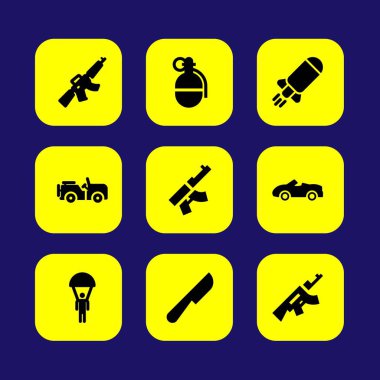 Askeri vektör Icon set. Spor Araba, tüfek, tabanca ve Tufek