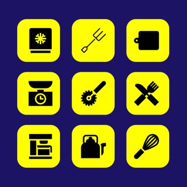 Mutfak vektör Icon set. su ısıtıcısı, çatal, mikser ve çatal bıçak takımı