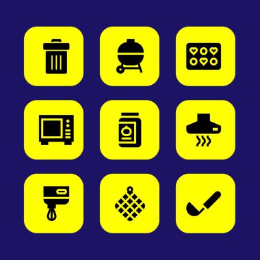 Mutfak vektör Icon set. Mikser, çıkarıcı hood, Barbekü ve kalıp