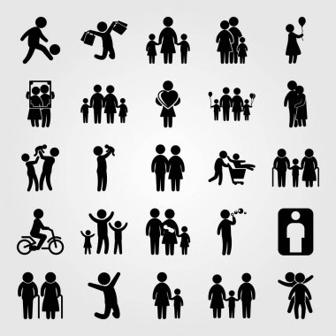 İnsanlar Icon set vektör. Büyükbaba, kalp, çocuk ve bebek babası olan kadın