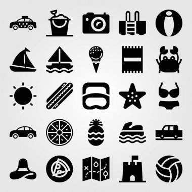 Yaz aylarında vektör Icon set. Kumdan kale, taksi, voleybol ve yengeç